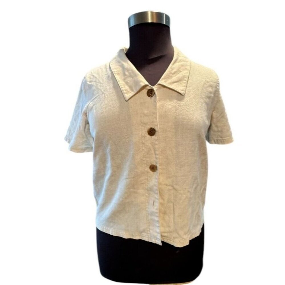Travel Smith Womens‎ Top Tan Medium Woven Button Short Sleeve Blouse Casual